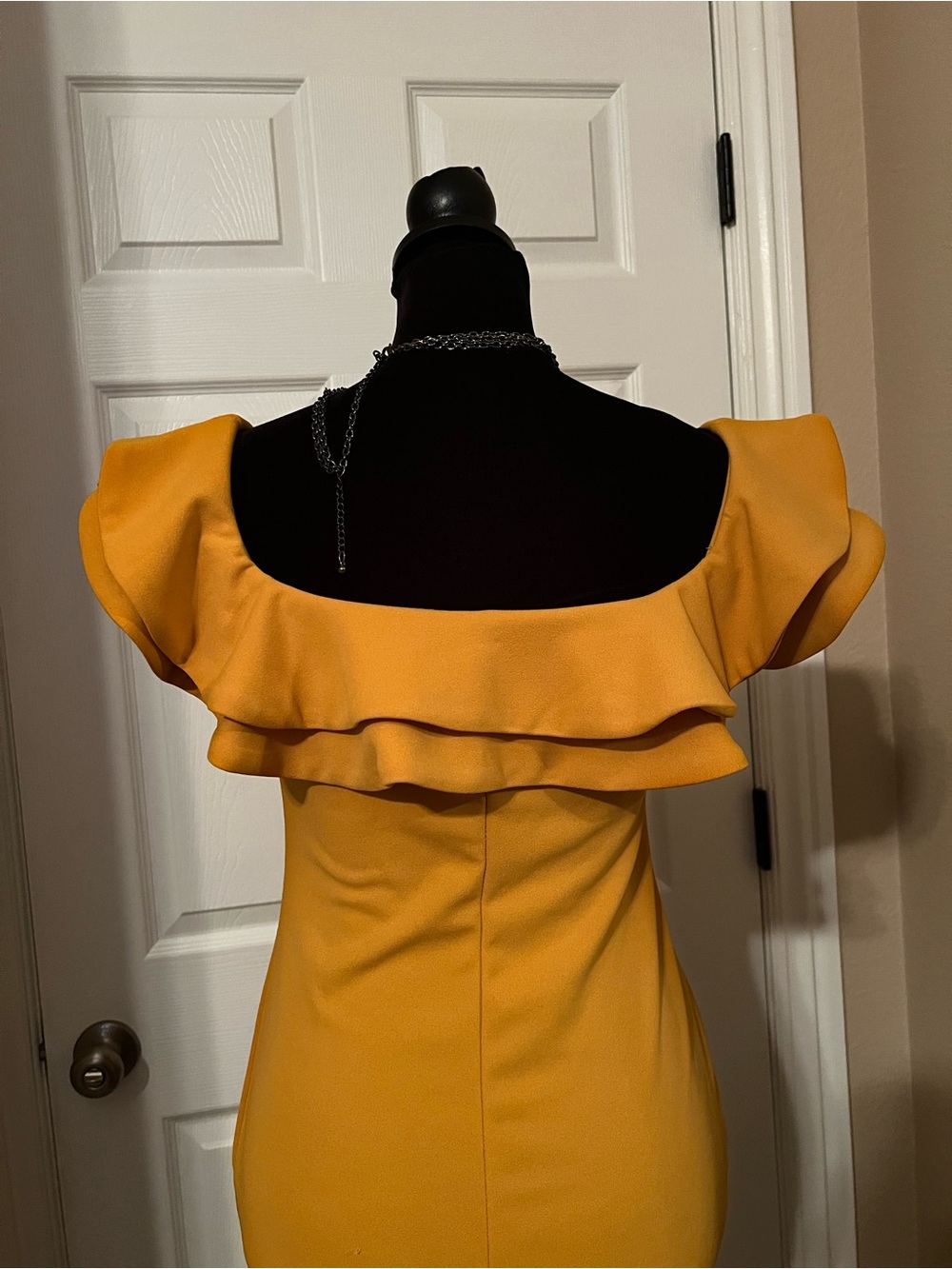 Mind Code Mustard Off-Shoulder Ruffle Bodycon Dress - Picture 6 of 6
